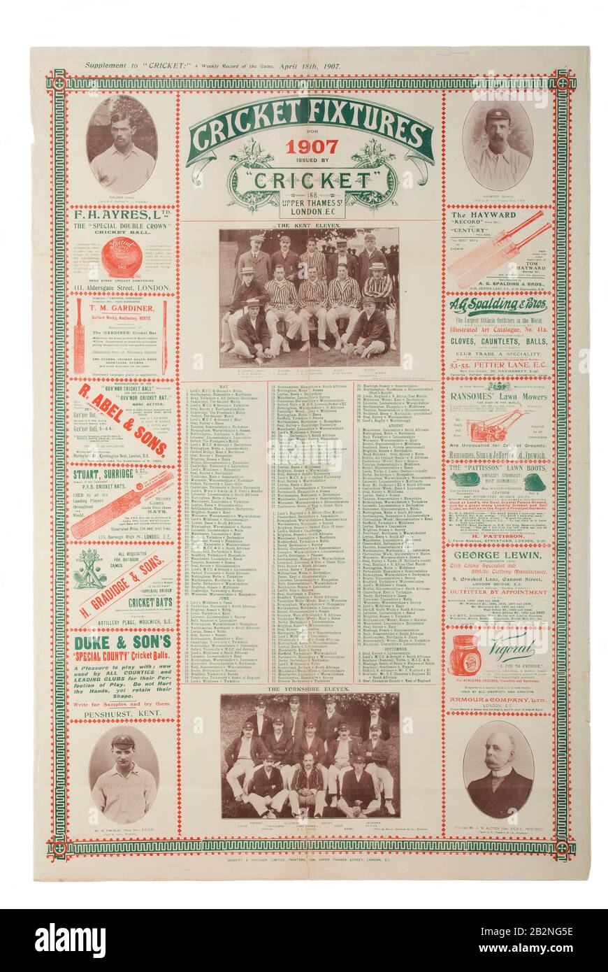 Plakat für Cricket-Spiele von 1907 Stockfoto