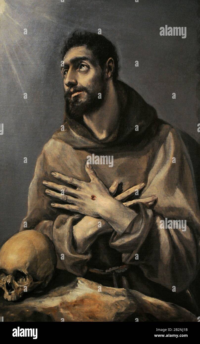 Der heilige Franziskus von Assisi (1181-1226). Gründer des franziskanischen Orden. Porträt von El Greco (Domenikos Theotokopulos) (1541-1614), 1577-1580. Lazaro Galdiano Museum. Madrid. Spanien. Stockfoto