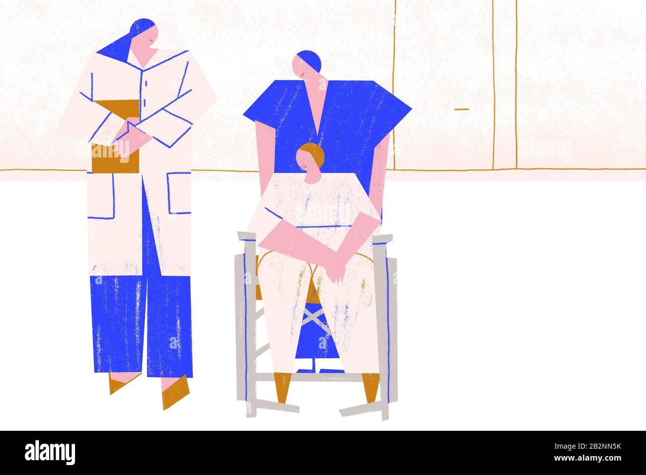 Arzt und Pflegepersonal versorgen einen Patienten in einer Rollstuhl-Hilfsbereitschaft. Gesundheitswesen. Blau. Horizontal. Stockfoto