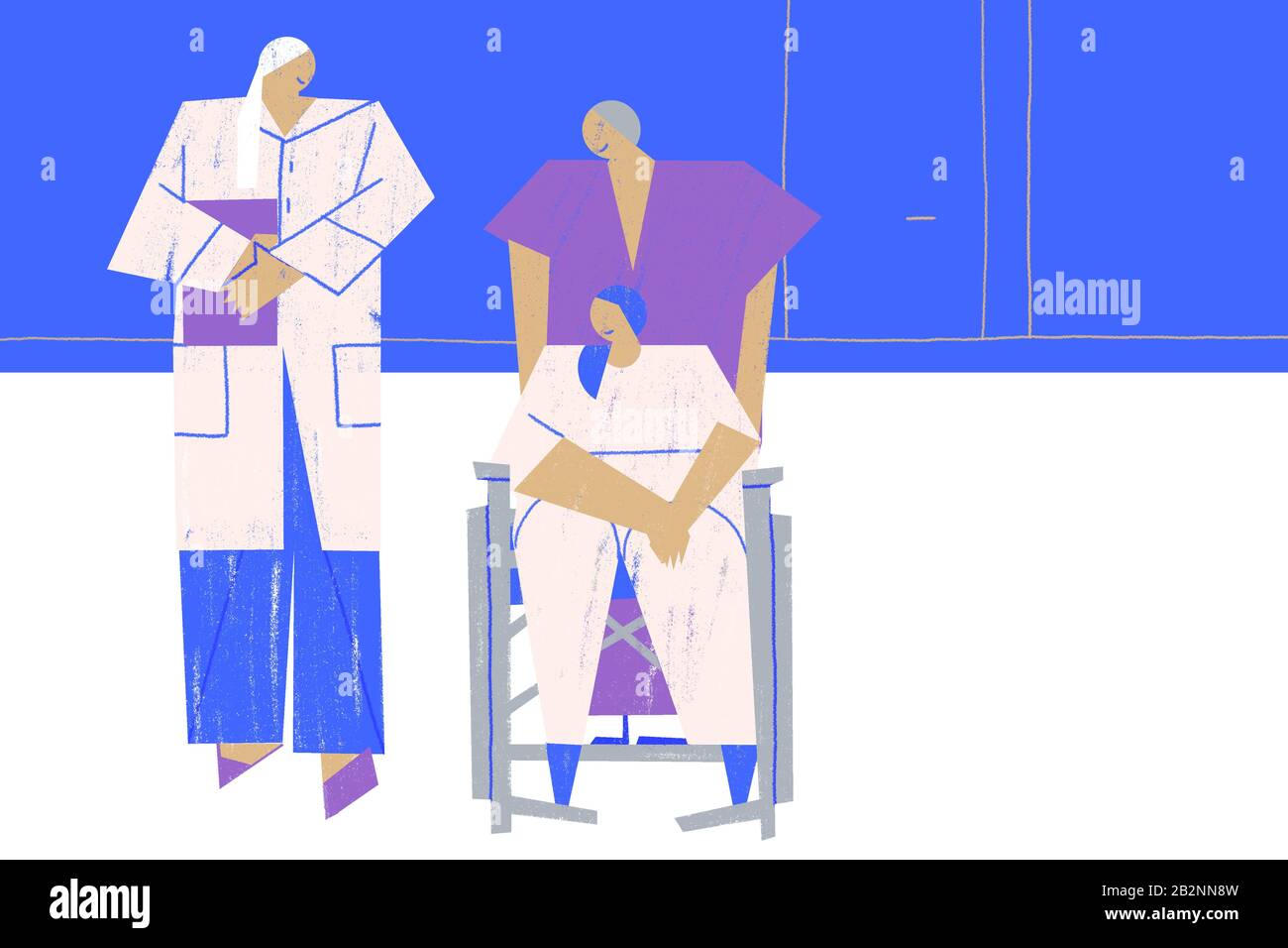 Arzt und Pflegepersonal versorgen einen Patienten mit einer Hilfsbereitschaft im Rollstuhl. Medizin im Gesundheitswesen. Blau. Horizontal. Stockfoto