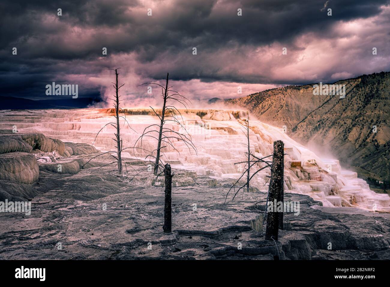 Dramatische Wolken über Mammoth Hot Springs, Yellowstone NP Stockfoto