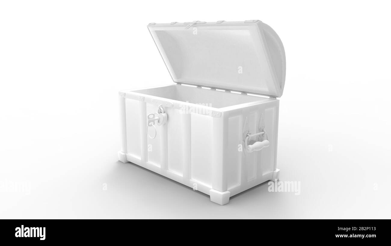 3D-Rendering einer Schatzkiste, die isoliert auf weißem Hintergrund geöffnet ist Stockfoto