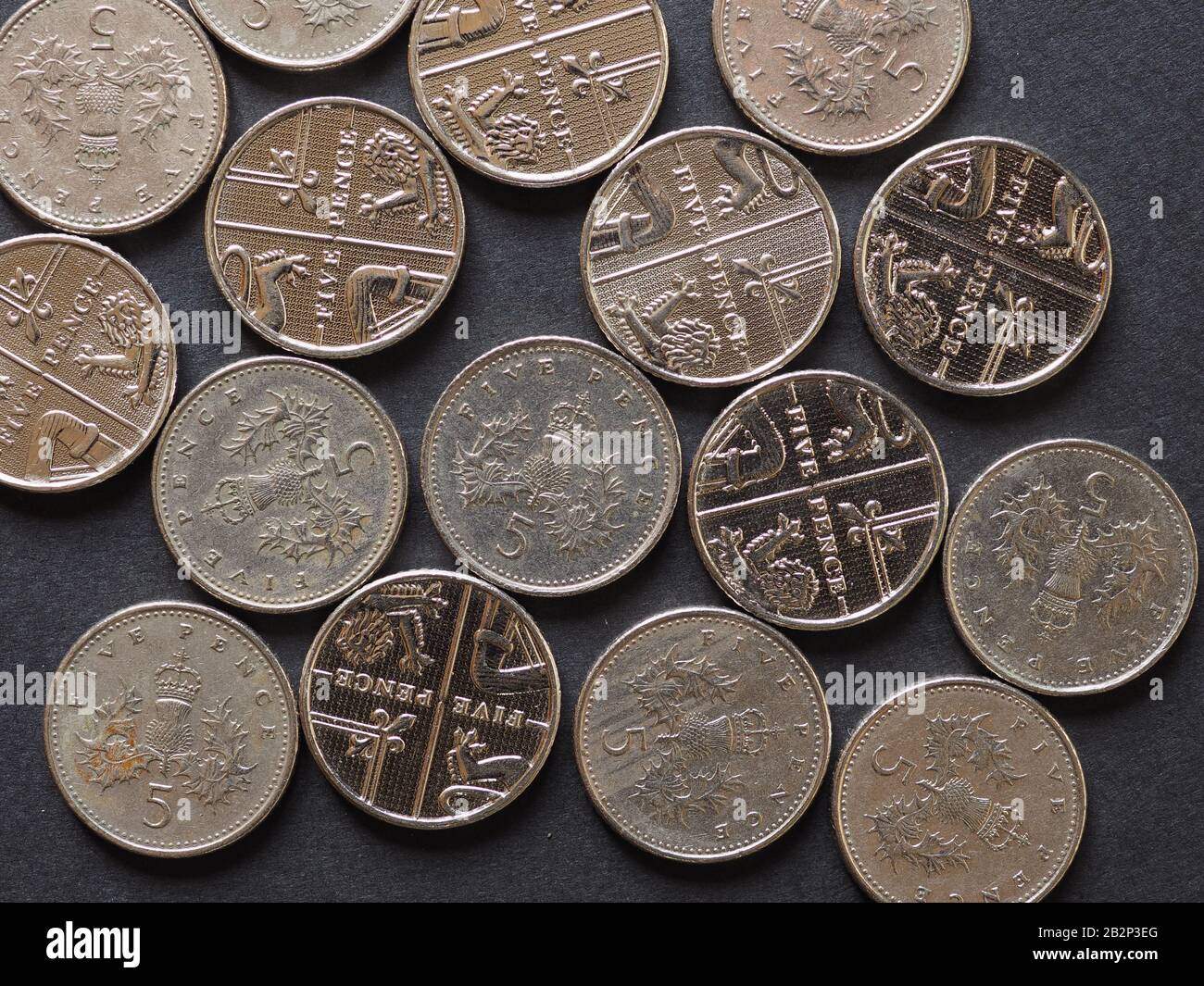 5 Pence Coin Money (GBP), Währung des Vereinigten Königreichs Stockfoto