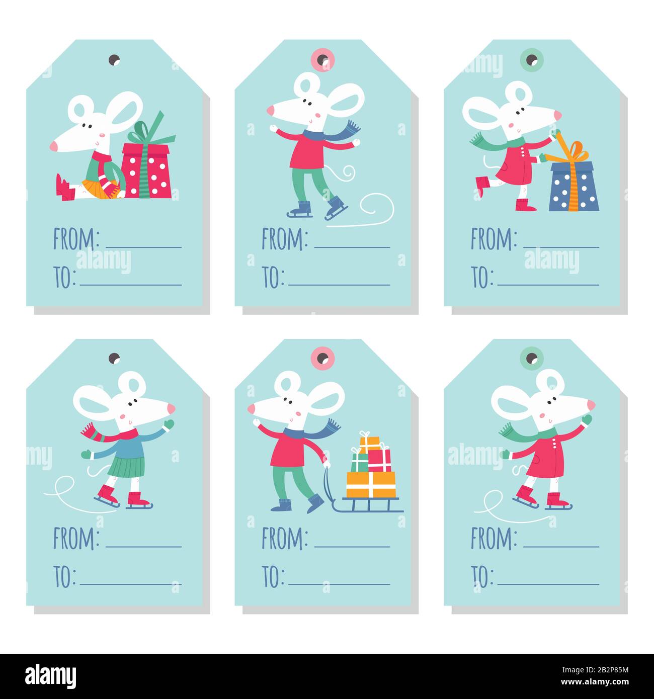 Set aus sechs Weihnachtsfeiertags mit Cartoon weißen Maus-Stock-Illustration Stock Vektor