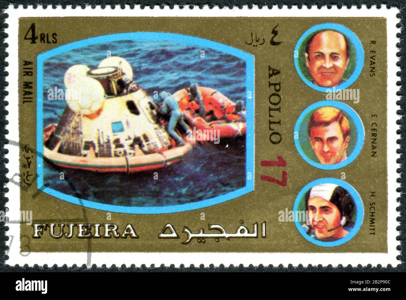 FUJEIRA - CIRCA 1972: Eine in Fujeira gedruckte Briefmarke, die dem Apollo-Programm ausgestellt wurde und die Besatzung von Apollo 17, ca. 1972, abbildet Stockfoto