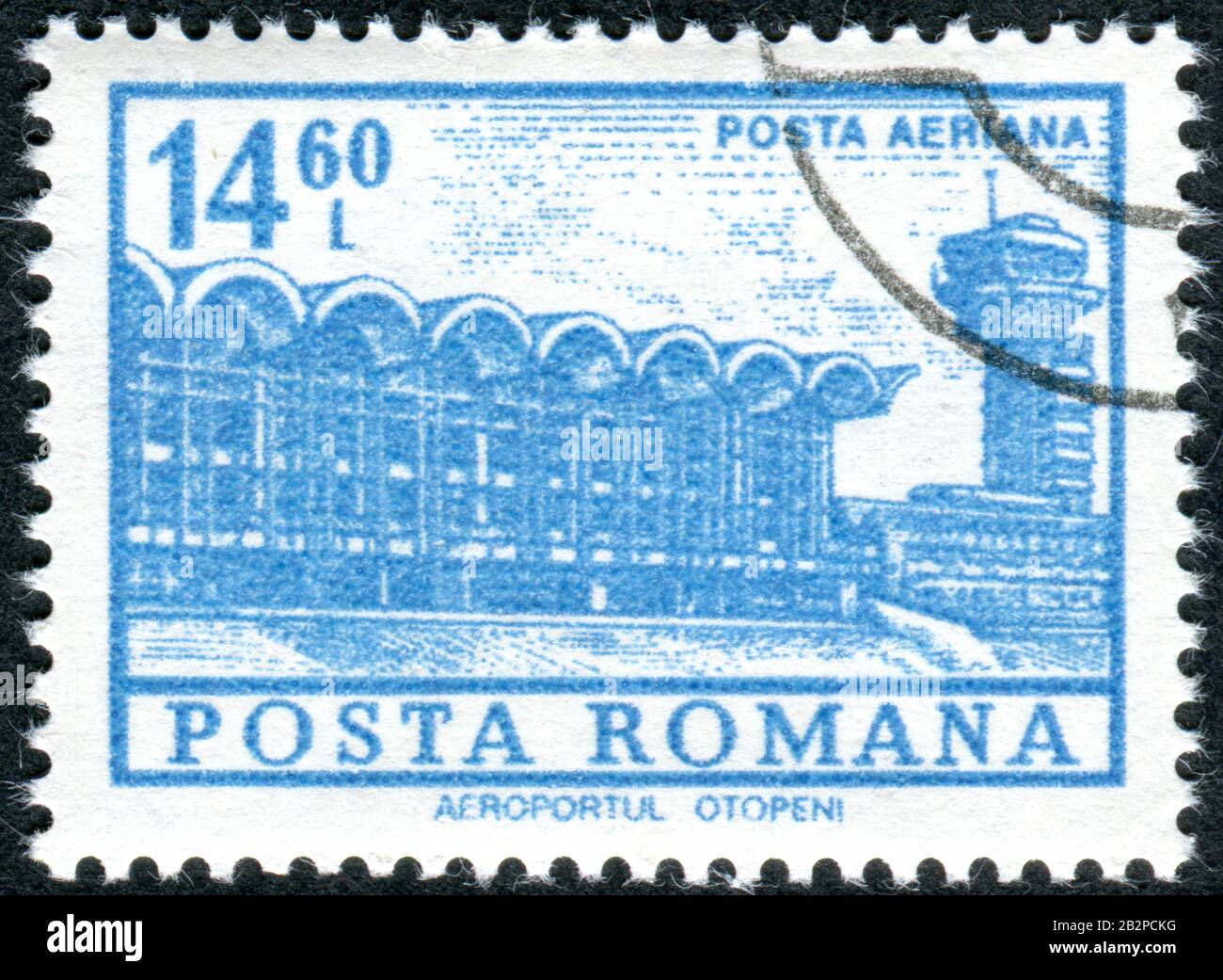 Rumänien - CIRCA 1972: Eine in Rumänien gedruckte Briefmarke, die den Flughafen Otopeni in Bukarest, etwa 1972, abbildet Stockfoto