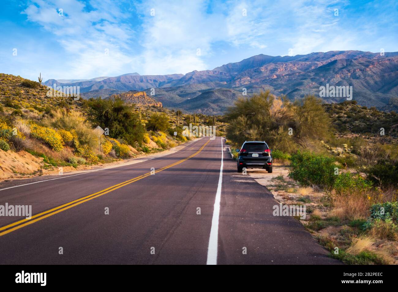 Ein schwarzes Sportwagen, das auf der Seite einer Straße in Arizona mit Wüste und Bergen um sie herum geparkt ist. Stockfoto