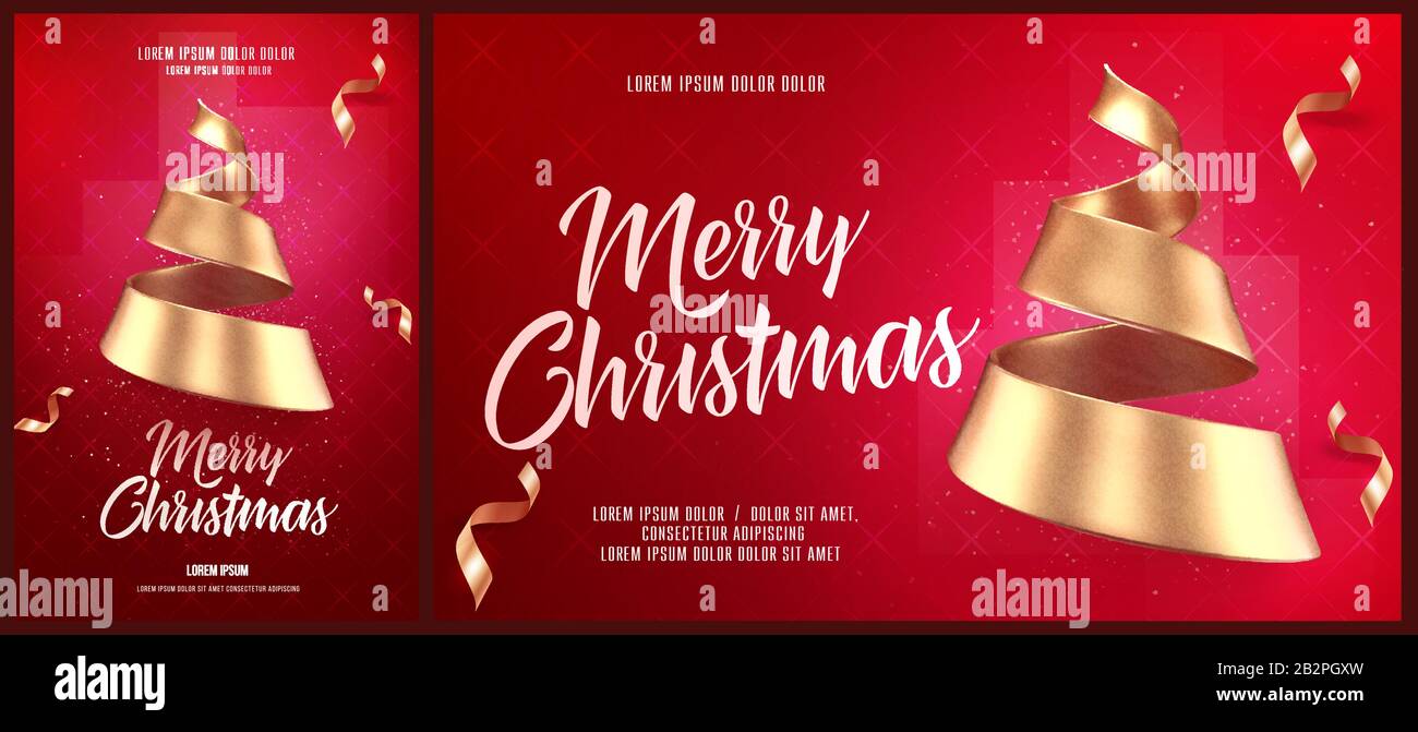 Weihnachtskarte oder Flyer und Plakatvorlage mit goldenem weihnachtsbaum aus Band Stock Vektor