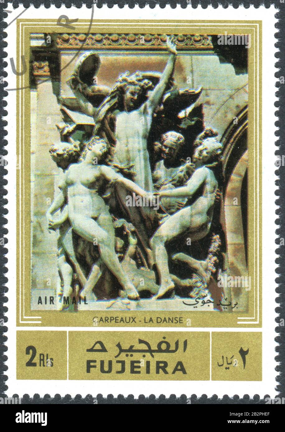 Fujairah - CIRCA 1972: Eine in Fujairah gedruckte Briefmarke, die die Skulptur "The Dance" von Jean Baptiste Carpeaux, ca. 1972, darstellte Stockfoto