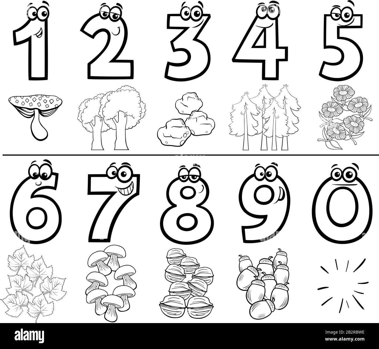 Schwarz-weißes Cartoon Illustration von Bildungszahlen Von Eins bis Neun mit Nature Objects Coloring Book Page Stock Vektor