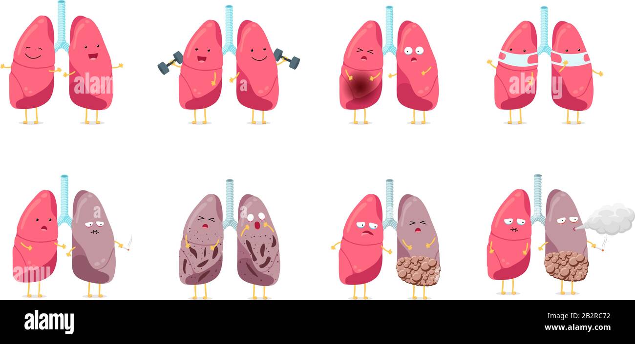 Traurig krank ungesund und gesund stark glücklich lächelnd niedlich Lunge Charakter gesetzt. Menschliche Anatomie Atmungssystem interne Organ lustige Cartoon-Sammlung. Vektor Maskottchen Illustration Stock Vektor
