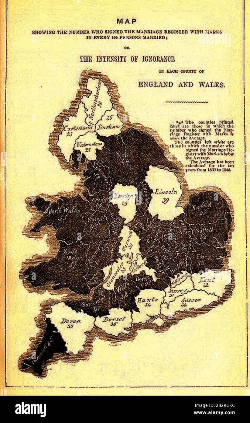 Eine "karte der Intensität der Unwissenheit" von Victoria, die die Grafschaften von England und Wales zeigt, die Analphabeten waren und so die Heiratsregister mit einem Zeichen und nicht mit einer Unterschrift 1830-1843 unterzeichneten. (Weiß zeigt über dem Alphabetisierungsgrad - schwarz über dem Durchschnitt) Stockfoto