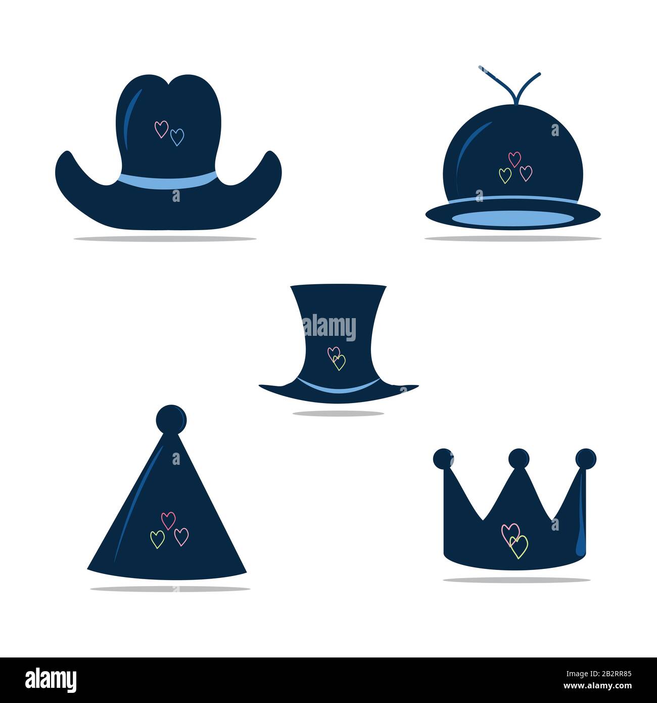 Fotostand Requisiten. Farbige und isolierte Karnevals-Fotostand-Party. Flacher Vektor-Satz von Hüten von Mann und Frau. Modische Kopfbedeckung für Männer und Frauen. Baseball Stock Vektor