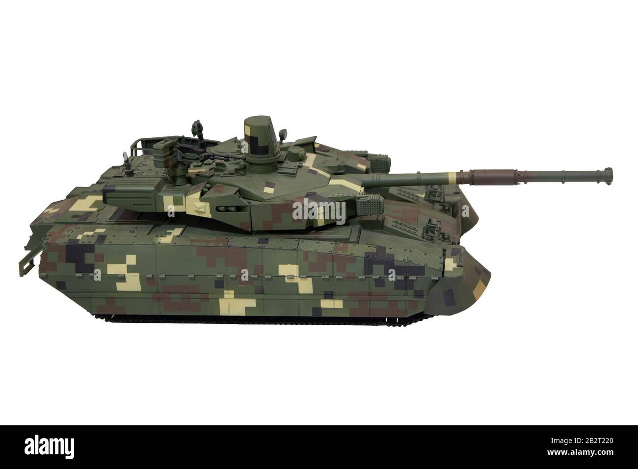 Modell eines modernen Tanks, isoliert auf weißem Hintergrund Stockfoto