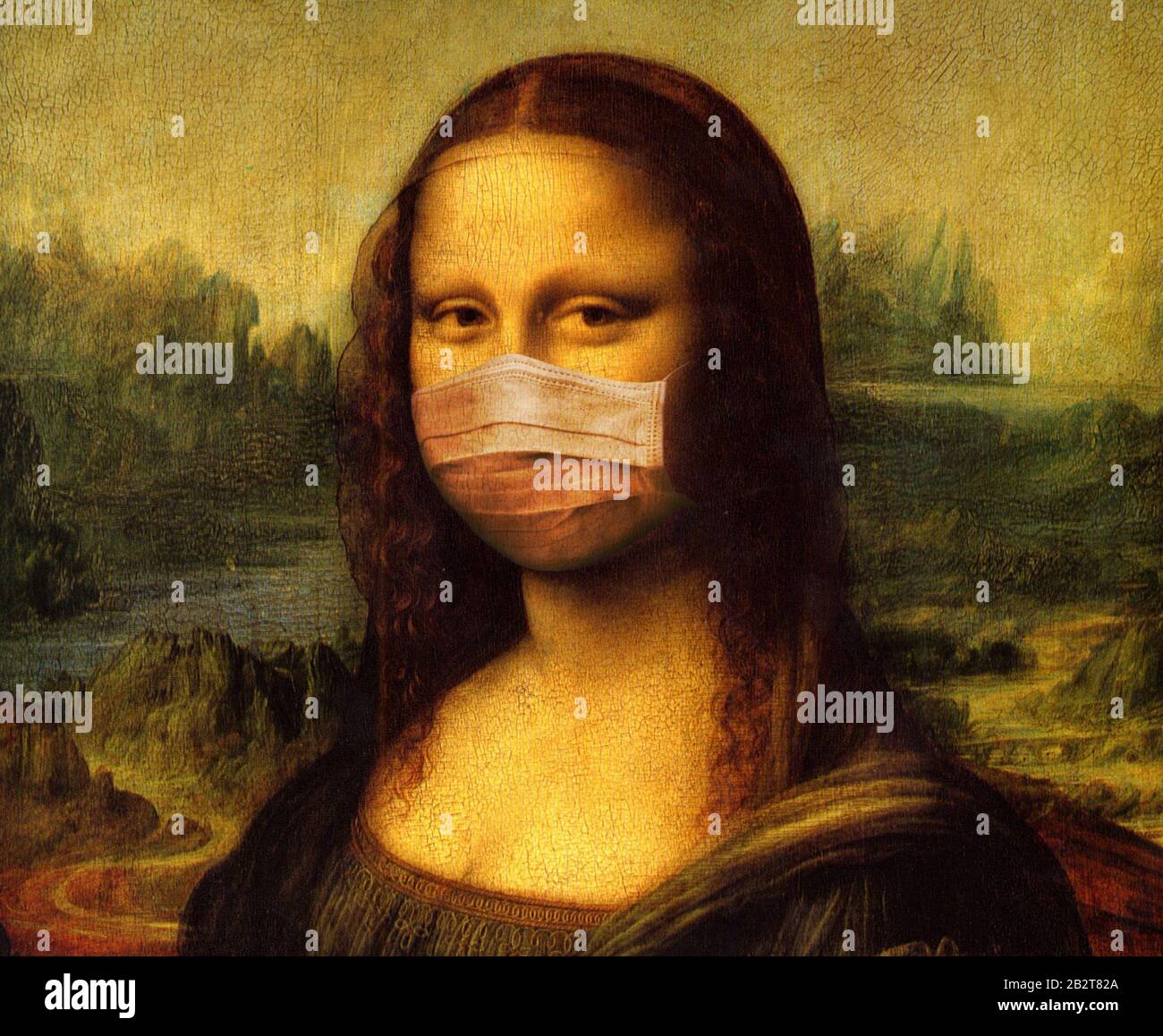 Berühmtes Gemälde mit Gesichtsmaske. Digitale Montage. Konzept für den Ausbruch von Coronavirus in Italien und Frankreich Stockfoto