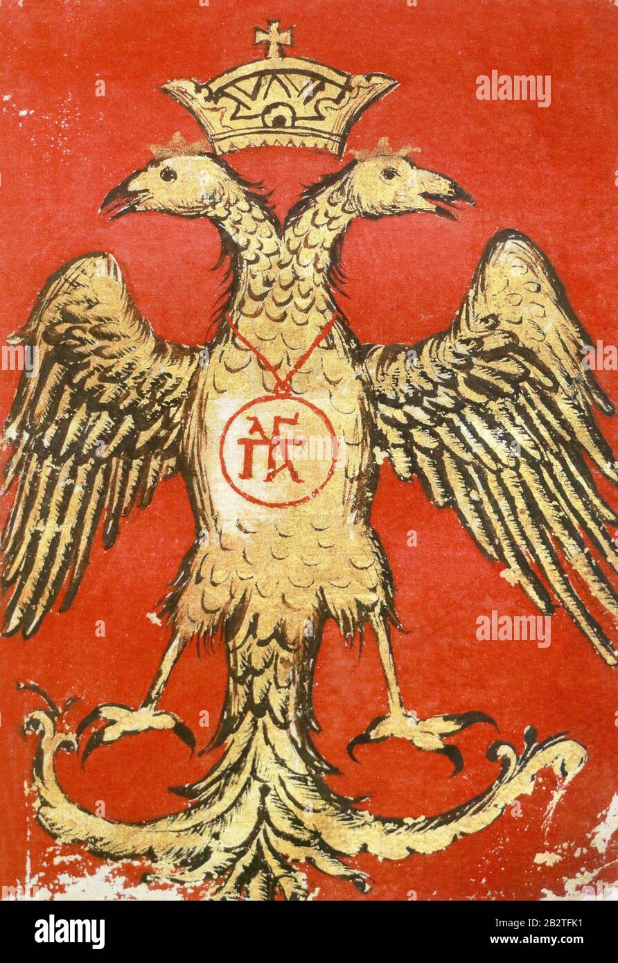 Das Banner Adler der Paläologen aus dem Gospel, das Dmitry Paleolog gehörte. 12-14 Jahrhunderte. Stockfoto