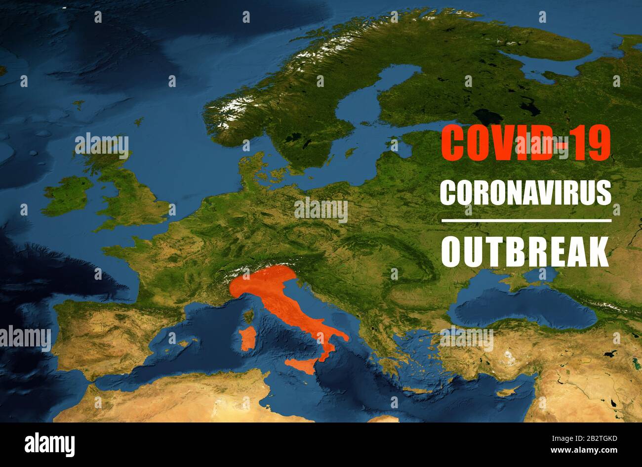 Coronavirus Epidemie, Wort COVID-19 auf der Europakarte. Neuartiger Coronavirus-Ausbruch in Italien, die Verbreitung des Corona-Virus in der Welt. COVID-19-Infektion Co Stockfoto