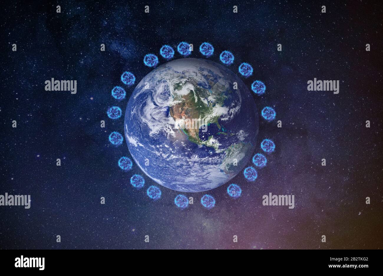 Die Erde unter Coronavirus-Kovid-19-Angriff. Der Planet Erde umgeben von Coronavirus-Partikeln Konzept Stockfoto