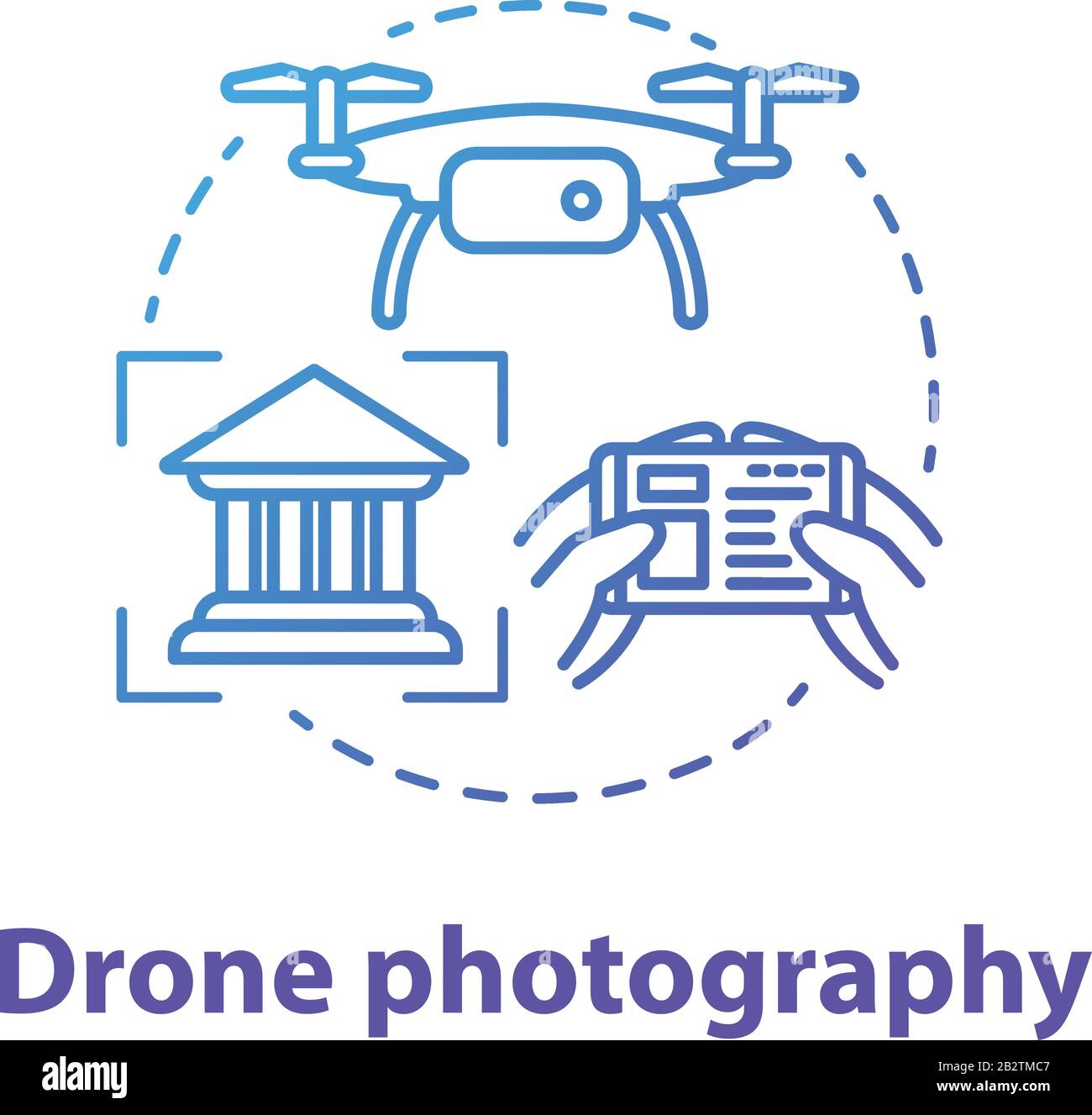 Symbol für das Konzept der Dron-Fotografie. Quad Copter mit Kamera-Spionage im Haus. Aufnehmen historischer Objekte aus ungewöhnlichem Winkel. Vektor isoliert Umriss RGB Stock Vektor