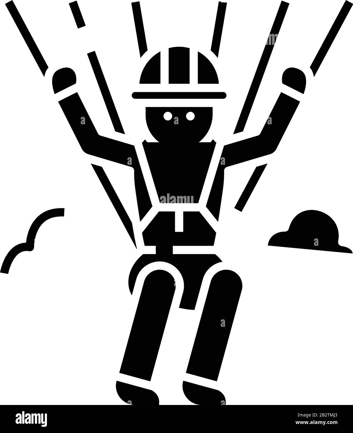Schwarzes Symbol für Fallschirmspringer, Konzeptabbildung, Symbol für Vektor-Ebene, Glyph-Zeichen. Stock Vektor