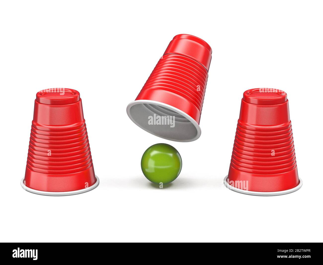 Shell-Spiel drei rote Becher und Green Ball 3D Render-Illustration isoliert  auf weißem Hintergrund Stockfotografie - Alamy