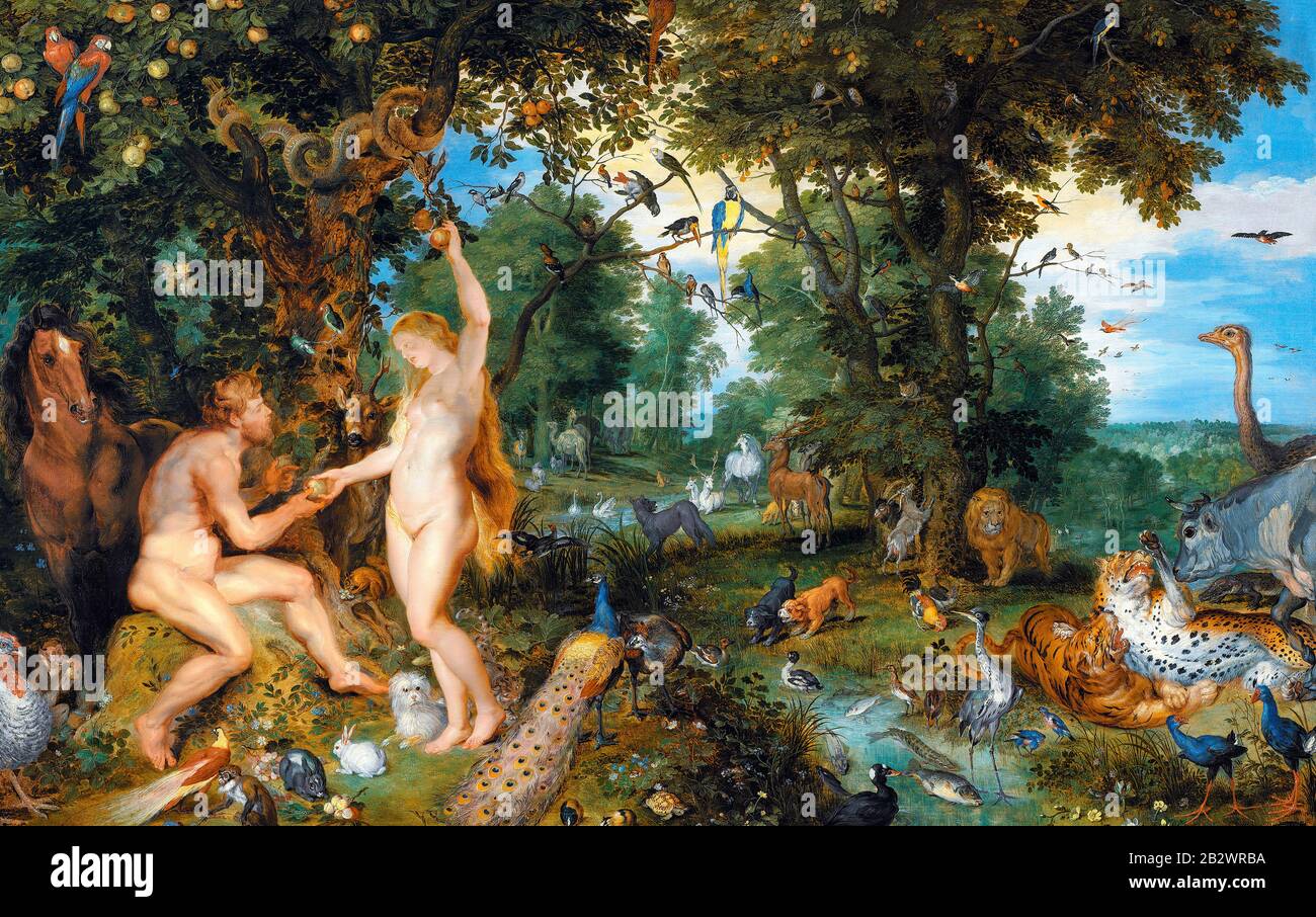 Der Garten Eden mit dem Fall des Menschen. Peter Paul Rubens und Jan Brueghel der ältere - Figuren von Rubens, Landschaft und Tiere von Brueghel. Ca. 1615 Stockfoto