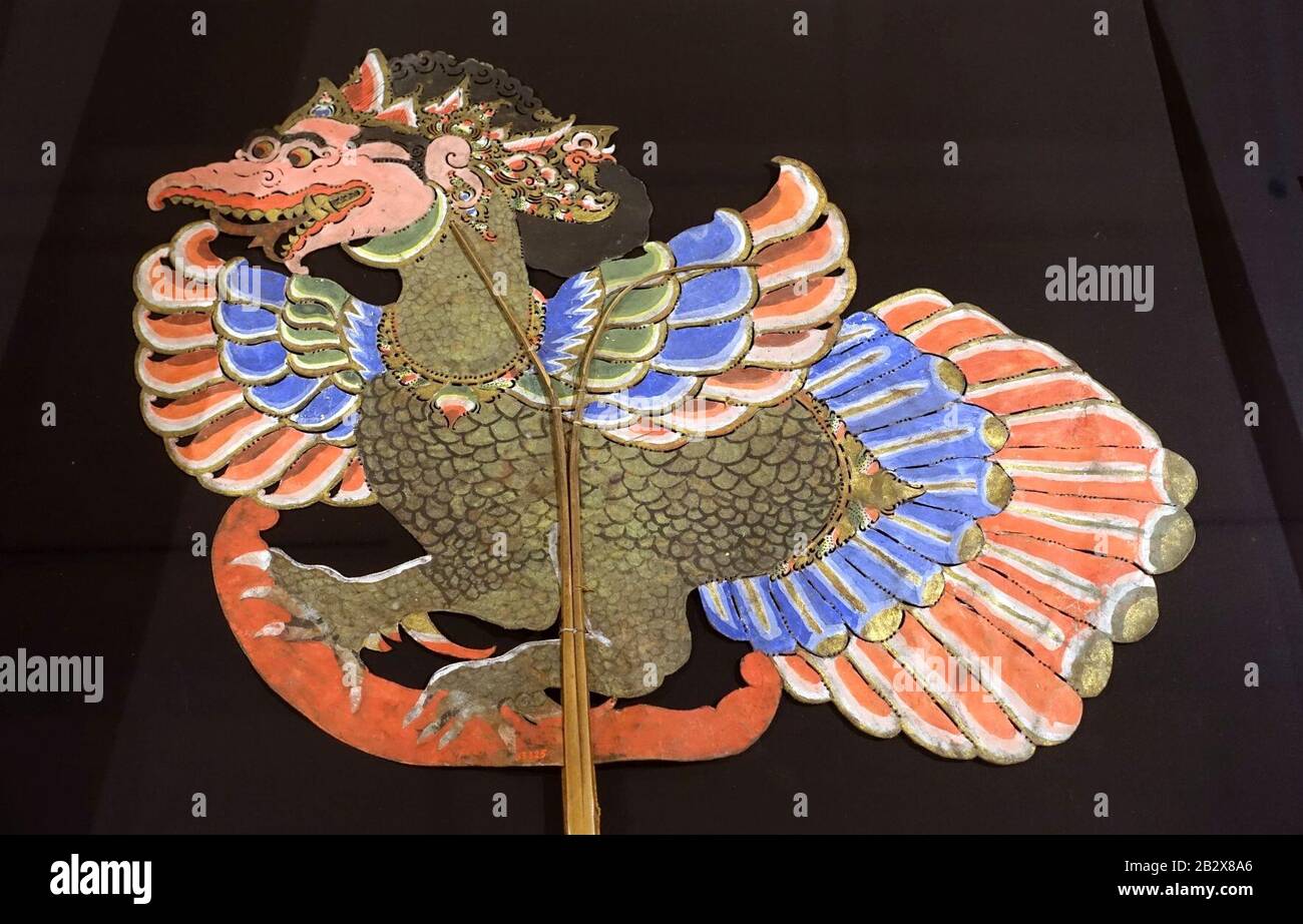 Garuda, Schattenpuppe, Java, gesammelt im Jahr 1911, Holz, Rawhid, Pigment Stockfoto