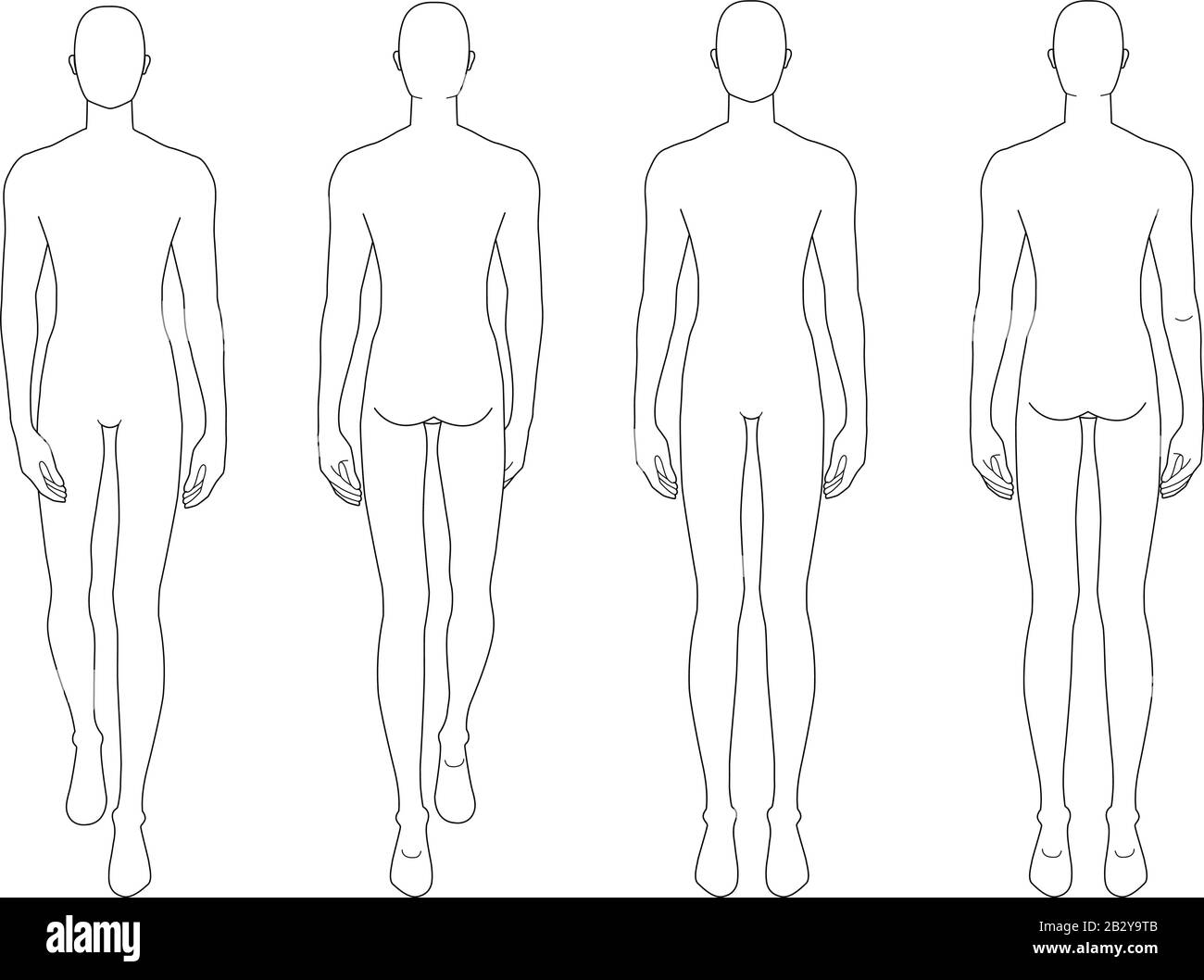 Modevorlage von stehenden und gehenden Männern. 22 Kopfgröße für For Blank Body Map Template