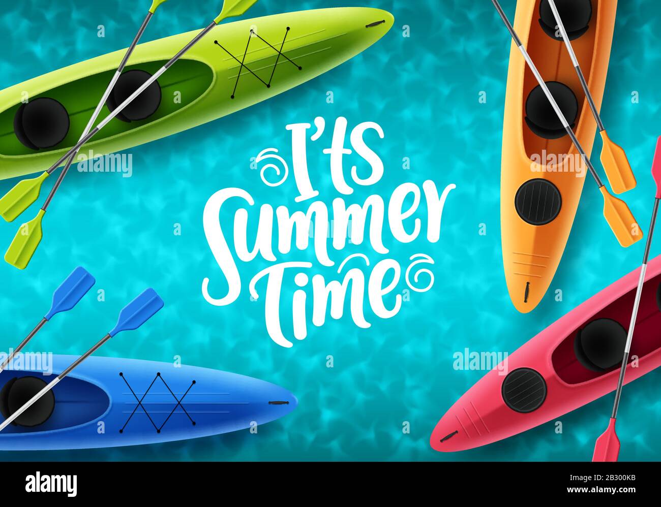 Es ist Sommerzeit-Vektor-Bannerdesign. Strandelemente wie buntes schwimmendes Kajaktboot und Sommerzeittext im blauen Raum Draufsicht Hintergrund Stock Vektor