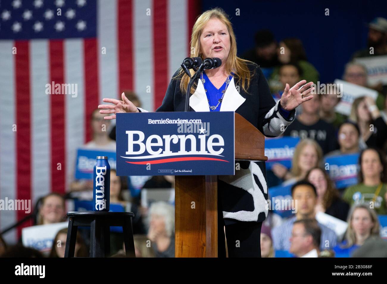 Essex Junction, Vereinigte Staaten. März 2020. Jane Sanders, Ehefrau des demokratischen Präsidentschaftskandidaten Sen. Bernie Sanders spricht die Menge während der Super-Dienstag-Rallye für Bernie auf der Champlain Valley Expo in Essex Junction, Vermont am Dienstag, 3. März 2020 an. Bernie Sanders gewann den Bundesstaat Vermont, während andere Bundesstaaten noch Stimmengesamtwerte auszählen. Foto von Matthew Healey/UPI Credit: UPI/Alamy Live News Stockfoto