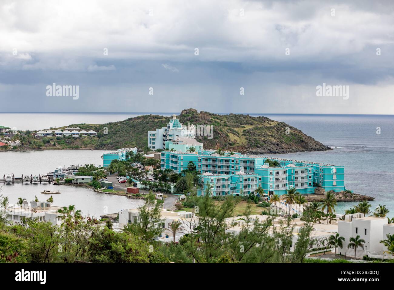 Drohnenbild des Oyster Bay Beach Resort in St. Martin Stockfoto
