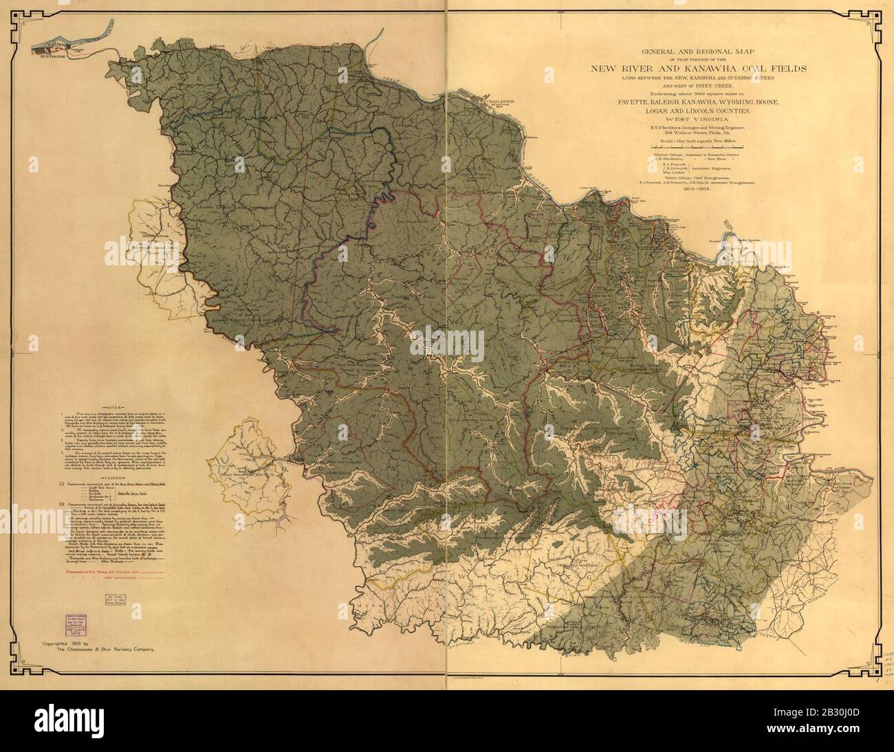 Allgemeine und regionale Karte dieses Teils der Kohlefelder des New River und der Kanawha, die zwischen den Flüssen New, Kanawha und Guyandot und westlich des Piney Creek liegen. Stockfoto