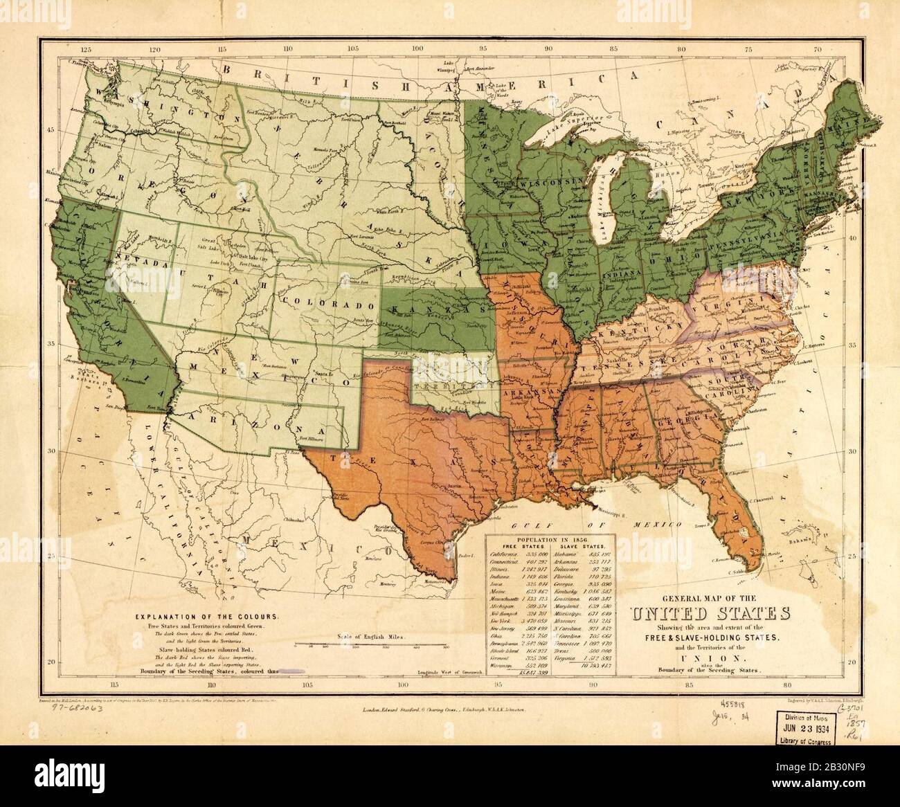 Allgemeine Karte der Vereinigten Staaten, die das Gebiet und den Umfang der freien und sklavenhaltenden Staaten und die Territorien der Union - auch die Grenze der abtretenden Staaten - zeigt Stockfoto