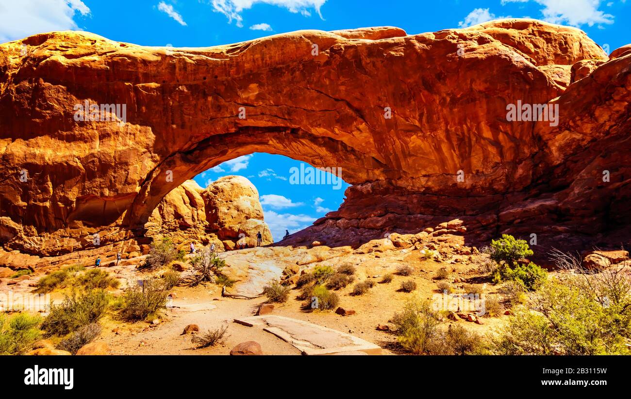 Der North Window Arch, eine der vielen großen Sandsteinzarren im Arches National Park Utah, Vereinigte Staaten Stockfoto