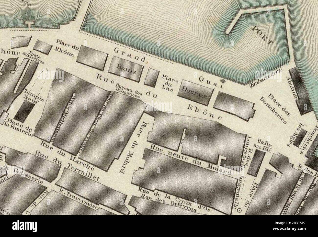 Genf (zugeschnitten) - Rues Basses, Molard, Rue du Rhône. Stockfoto