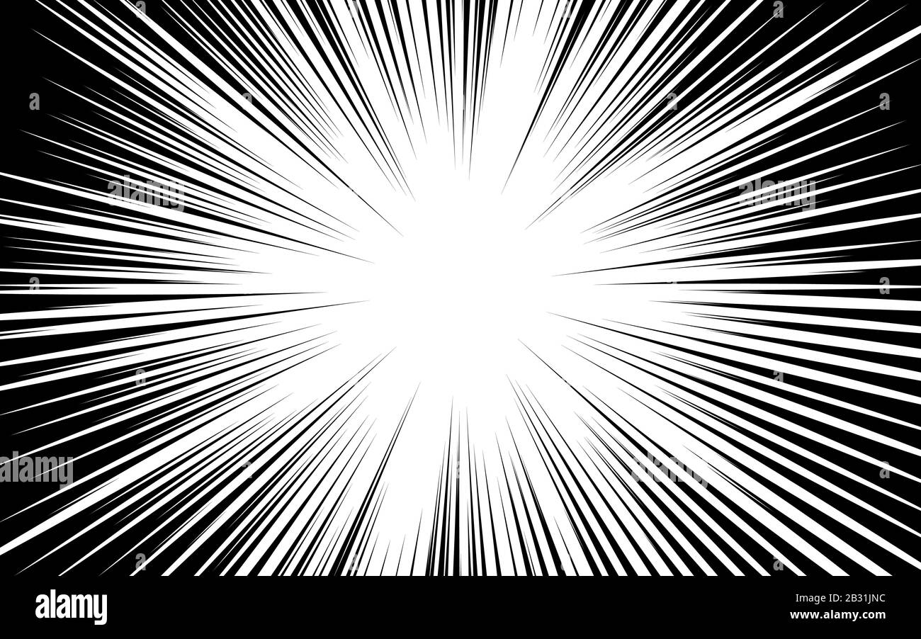 Hintergrund des Comics. Schwarz-weiße radiale Linien beschleunigen den Rahmen. Element der Geschwindigkeit oder Superhelden. Vektorgrafiken. Stock Vektor