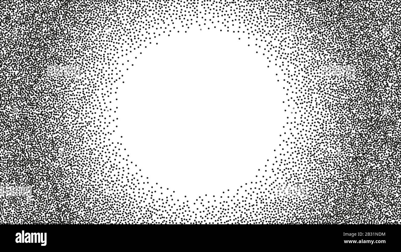 Stipple Vektor-Grunge-Hintergrund. Hintergrund mit schwarzer Tinte und gepunkteten Rahmen mit Kreisrahmen. Halbtoneffekt Stock Vektor