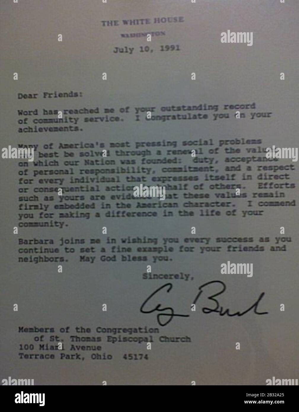 George Bush Sr St Thomas Cincinnati Brief. Stockfoto