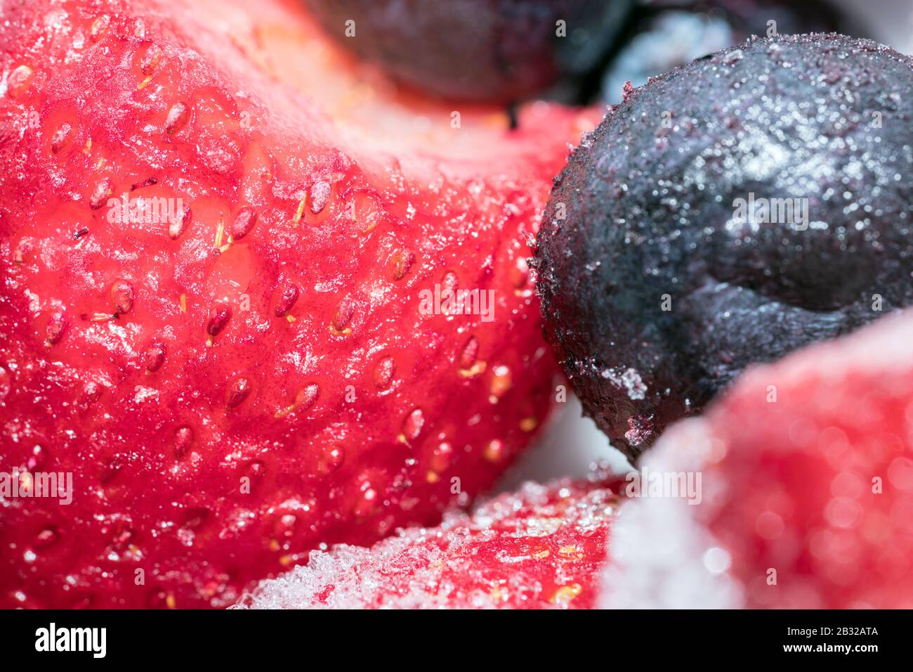 Gefrorene Beeren - Erdbeeren und Blaubeeren kalt mit Eis, Nahaufnahme Macro Stockfoto