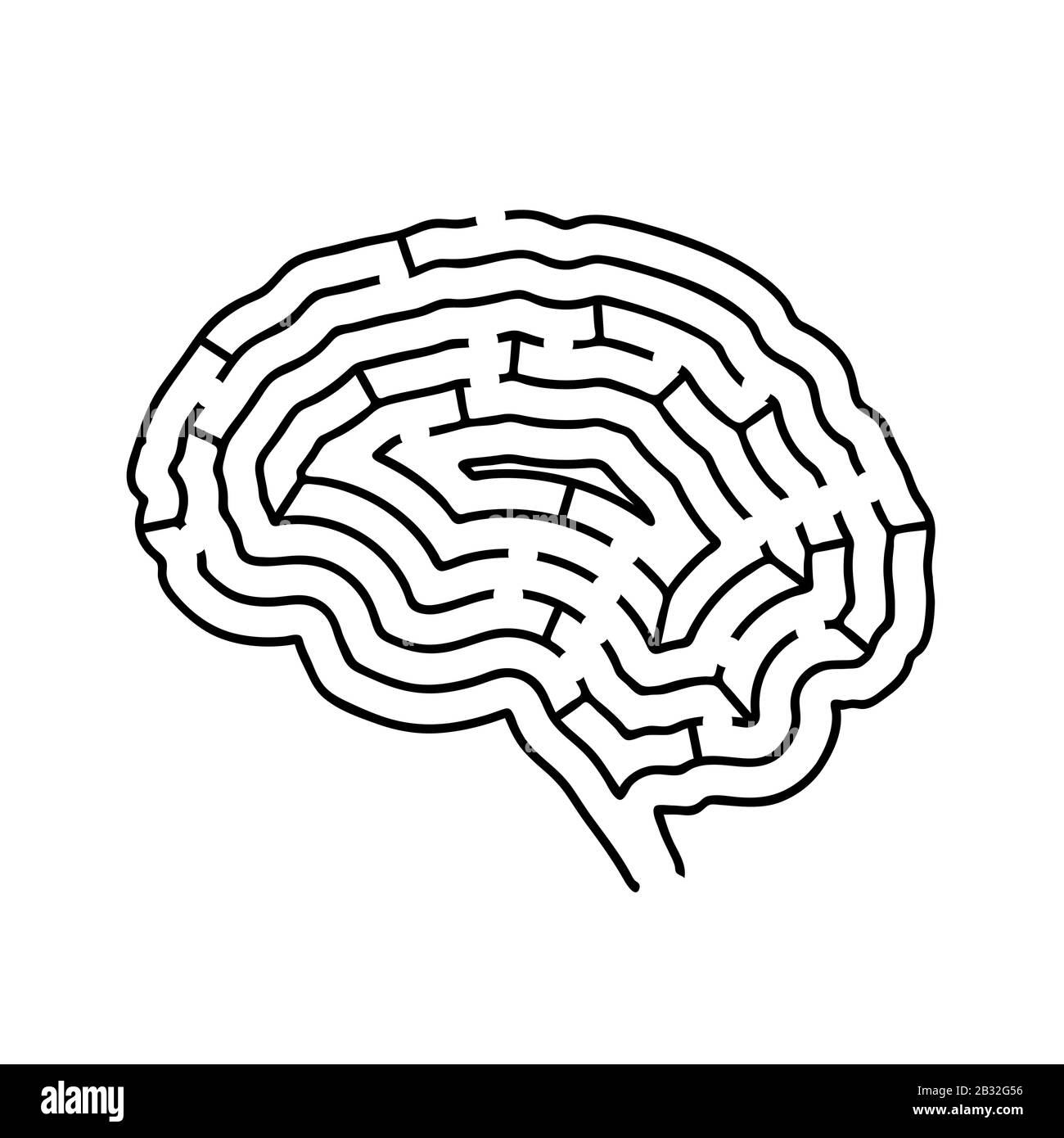 Gehirn geformtes Labyrinth, schwarze Silhouette auf weiß Stock Vektor