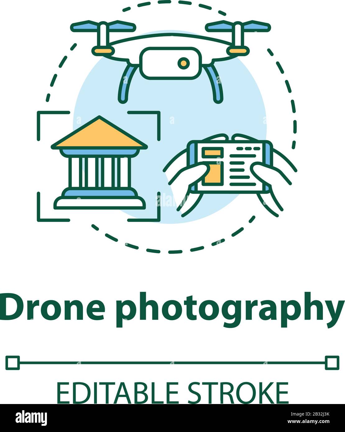 Symbol für das Konzept der Dron-Fotografie. Quad Copter mit Kamera-Spionage im Haus. Aufnahme historischer Objekte aus ungewöhnlicher, dünner Linienabbildung Stock Vektor