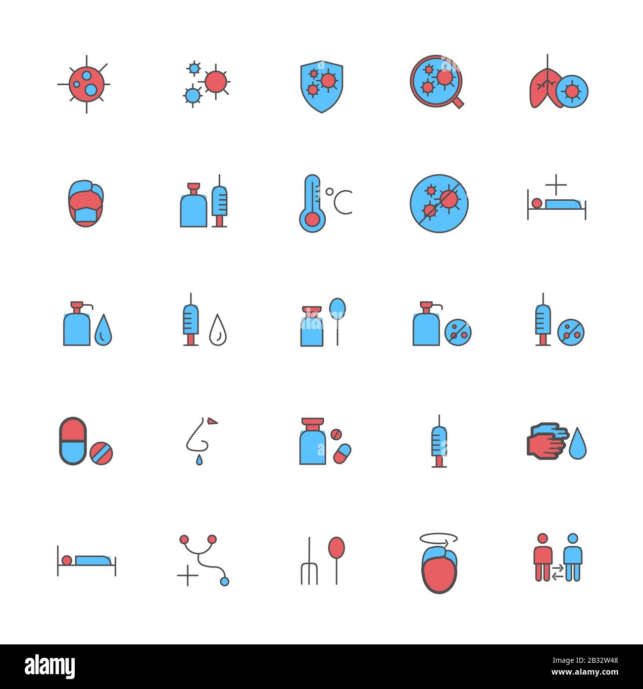 Virensymbol festgelegt. Corona-Virus, Covid-19, 2019-nCoV. Editierbarer Vektor. Symbol. Medikament, waschen, Hand, Grippe, Fieber, Krankheit. Stock Vektor