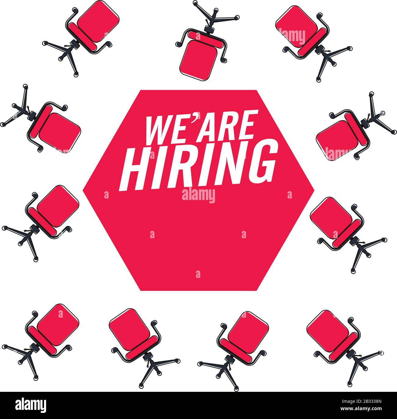 Komposition mit Bürostuhl, leerstehendes Schild und Aufschrift, die wir im Hintergrund einstellen Stock Vektor