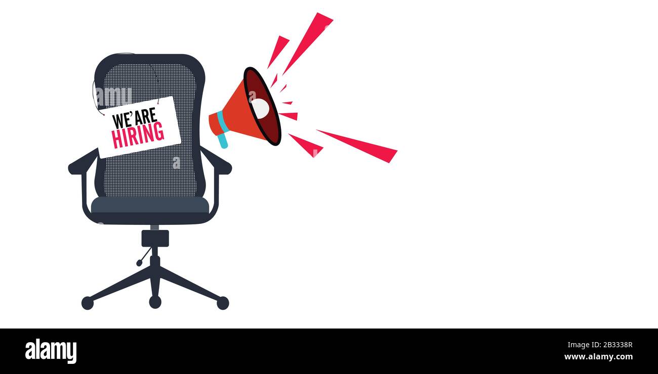 Wir stellen mit Bürostuhl und einem unbesetzten Schild an. Designkonzept für Business Recruiting. Stock Vektor