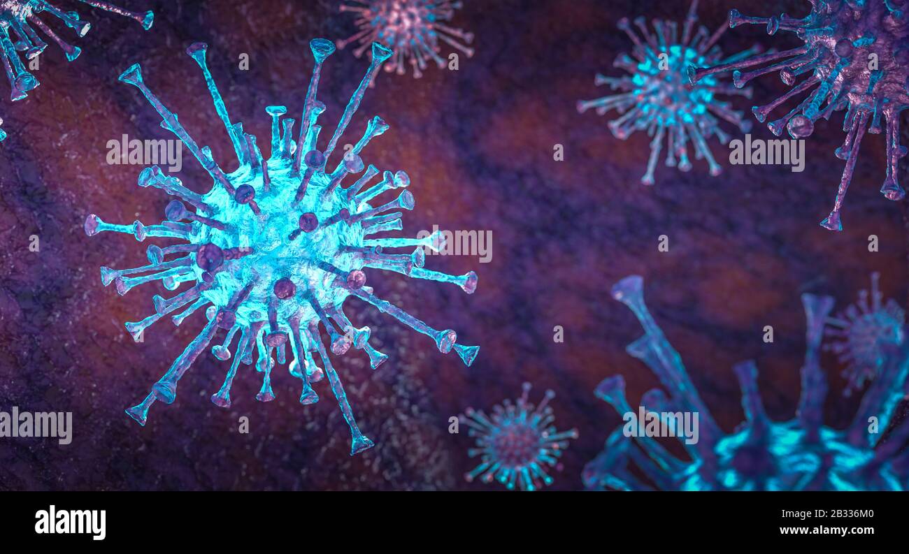 Coronavirus Konzept. Generisches Atemvirus, Infektions- und Vorbeugungskonzept, Gesundheit. 3D-Rendering. Stockfoto