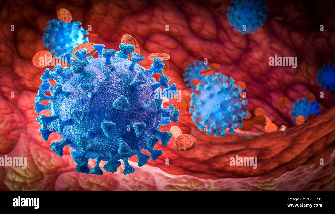 Visualisierung 3D-Darstellung von Coronavirus: Konzept von Gesundheit, Grippe, Virologie und Infektionen im Allgemeinen. Stockfoto