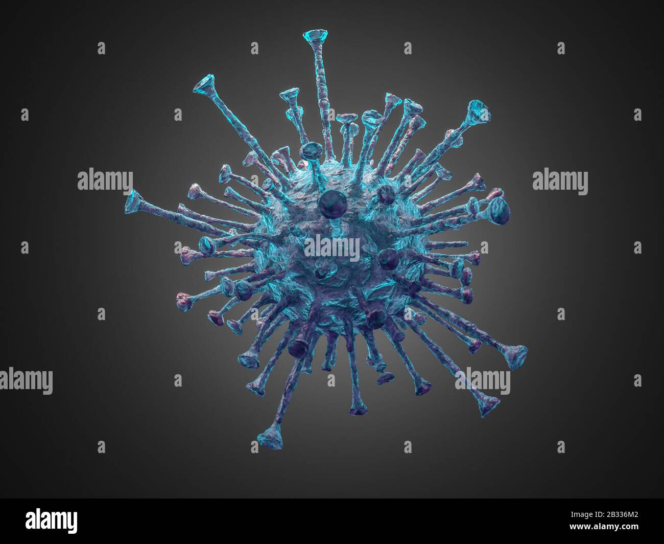 Mikroskopbild eines Virus: Konzept von Coronavirus- und Atemwegsinfektionen. 3d Render. Niemand um. Stockfoto