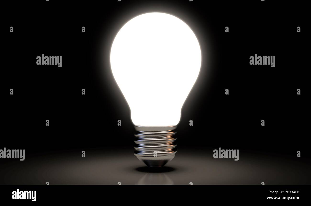 Ein Konzept einer abgetrennten Standard-Glühlampe, die hell auf dunklem Hintergrund leuchtet - 3D-Rendering Stockfoto