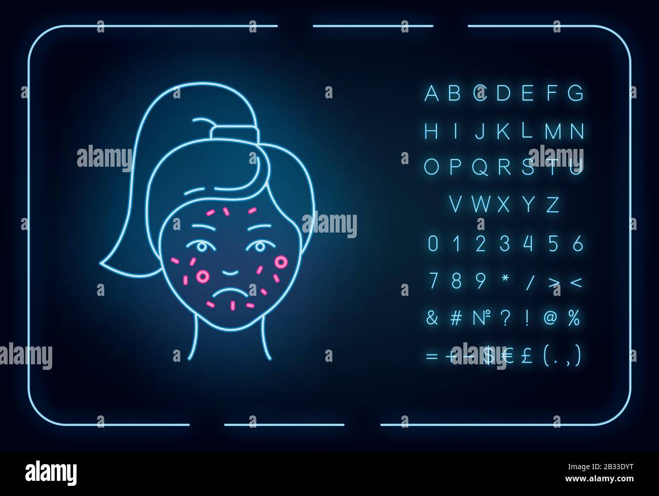 Symbol für Akne Neon Light. Pickel auf weiblichem Gesicht. Hautpflege für Entzündungen und Reizungen. Gesichtsbehandlung. Kosmetologie. Leuchtendes Zeichen mit Alphabet Stock Vektor