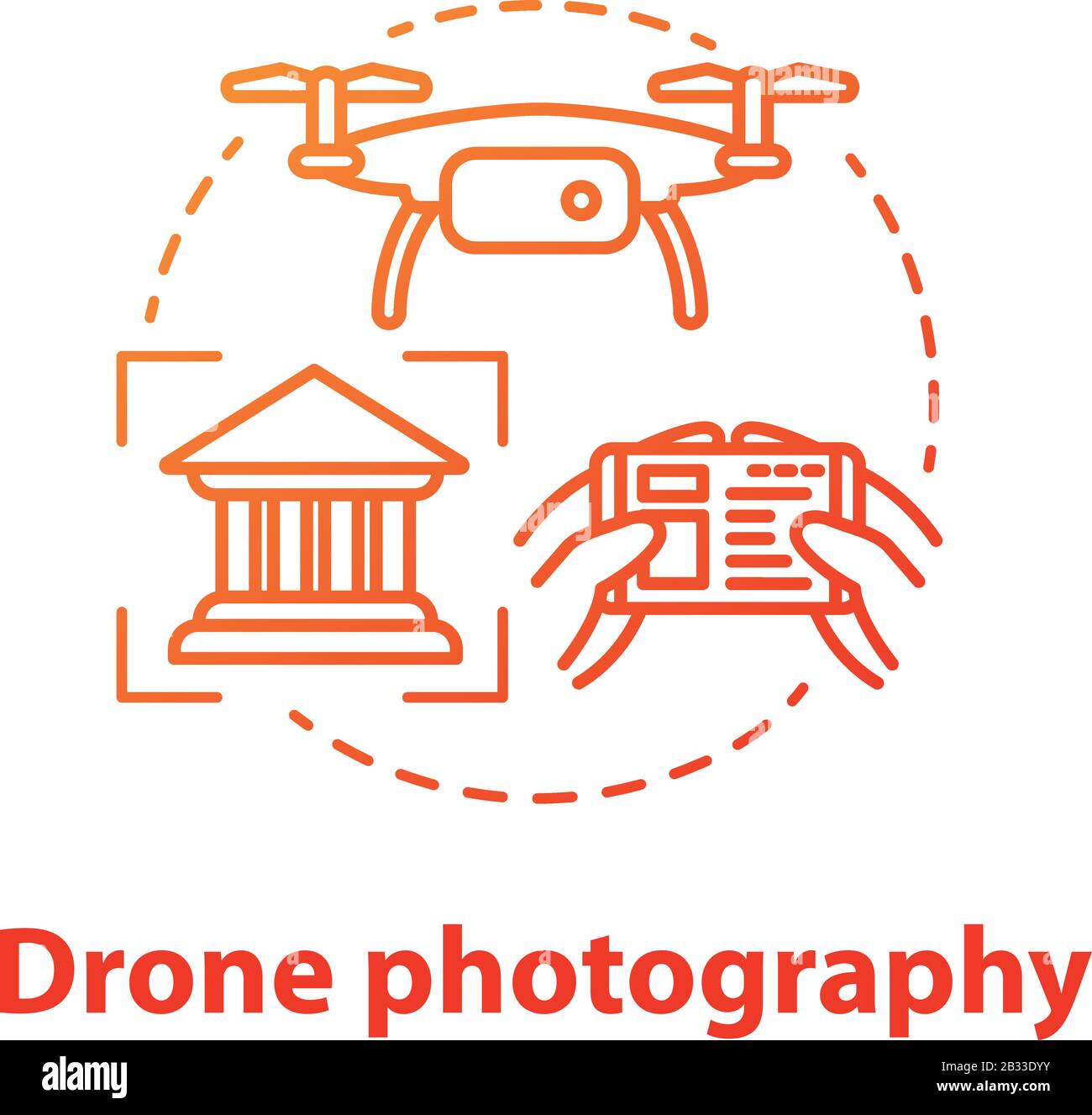 Symbol für das Konzept der Dron-Fotografie. Quad Copter mit Kamera-Spionage im Haus. Aufnehmen historischer Objekte aus ungewöhnlichem Winkel. Vektor isoliert Umriss RGB Stock Vektor